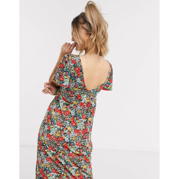 Asos vibrant multicolored floral vneck maxi short sleeve dress size 4 - Picture 2 of 11